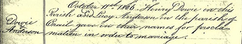 Old Parochial Register, Edinburgh, showing marriage of Lucy Anderson and Henry Dowie