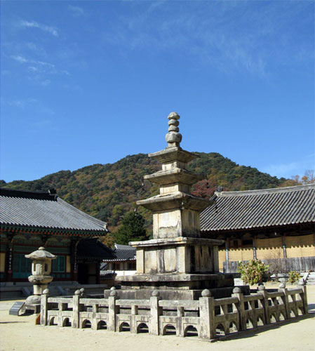 The five-storey stone Birotap pagoda at the Haeinsa Temple, South Gyeongsang province