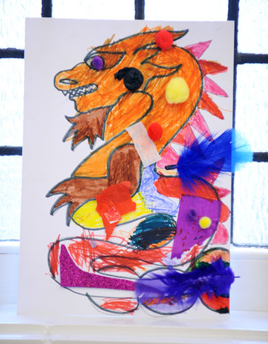 A dragon created by families at Macdonald Road Library