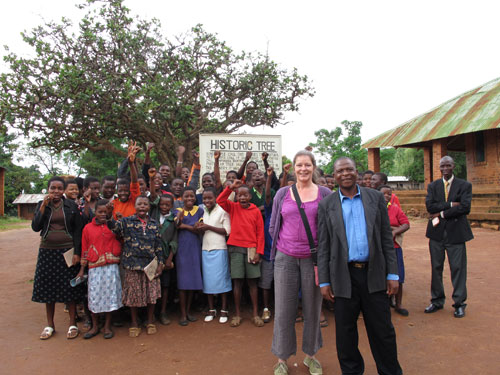 Sarah with staff and pupils from Mbame School