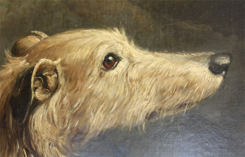 William Shiels, Group of Scotch Dogs (detail), Collie from Tweedale, Scotch Deerhound, Otter Terrier, and Scots Terrier, 1842-43. Shiels was paid £20 for this painting on 22 April 1843. 