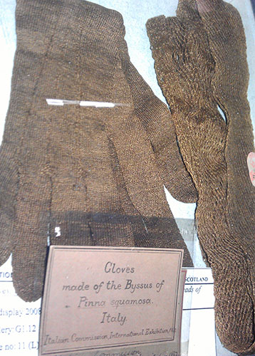 Gloves and scarf made from golden sea threads