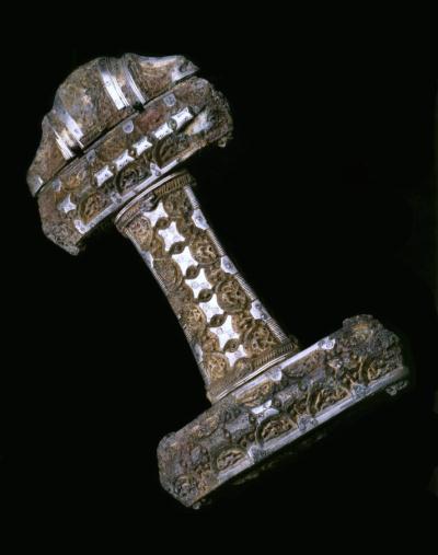 Viking sword hilt on display in the Early People gallery in National Museum of Scotland