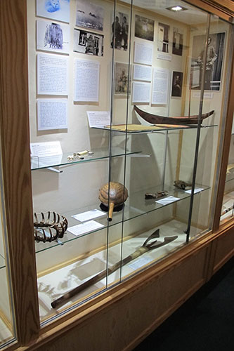 Display of Northwest Coast material and a leister John Rae made himself to demonstrate his lectures