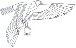 Typical arrangement of the royal god Horus with shen ring often seen flying above the pharaoh