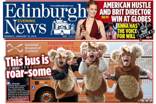 Edinburgh Evening News front page featuring Morag, Alexander and Jessica with the Murdo the Mammoth bus,