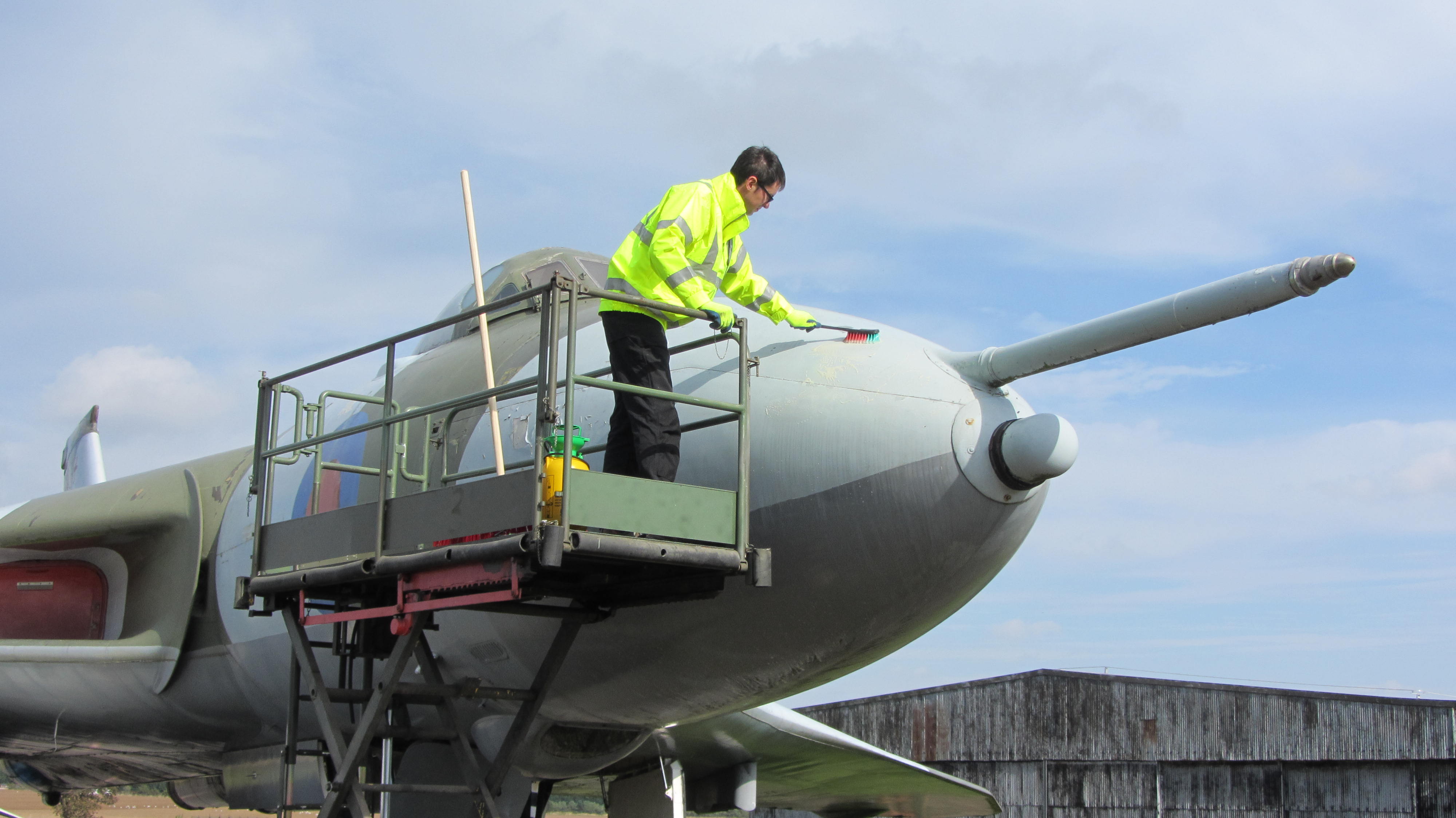 The Vulcan aircraft being cleaned at National Museum of Flight