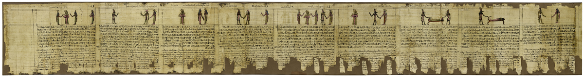 A.1956.314 - Funerary papyrus of Tabai, wife of Montsaf written in demotic and hieratic scripts on a roll of papyrus and illustrated with coloured vignettes: Ancient Egyptian, found by A.H. Rhind in the tomb of Montsaf at Sheikh Abd el-Qurna, Thebes, Roman Period, 30 BC-395 AD.