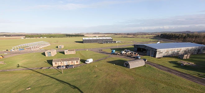 Aerial view of East Fortune airfield showing the hangars.