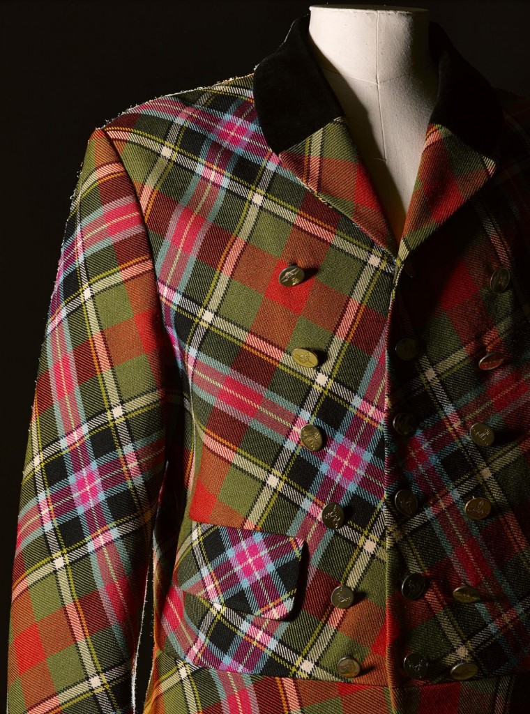 Men's double-breasted jacket and kilt in Bruce of Kinnaird tartan manufactured by Lochcarron of Scotland, designed by Vivienne Westwood for her Anglomania collection, London, A/W 1993.