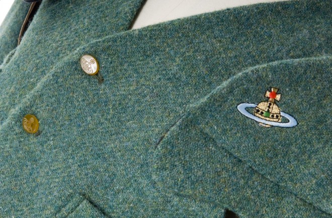 Men’s suit of green wool Harris tweed from the Western Isles, designed by Vivienne Westwood for her Time Machine Collection, London, A/W 1988.