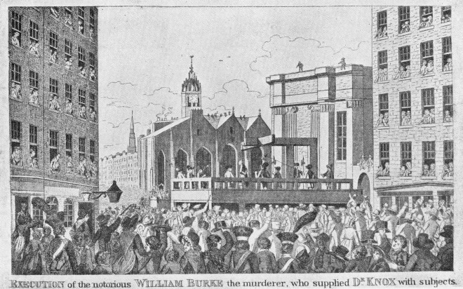 Black and white illustration showing Burke's execution in a very crowded courtyard in Edinburgh.