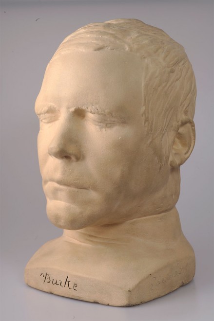 Death mask in bust form of William Burke, eyes closed with very short hair.