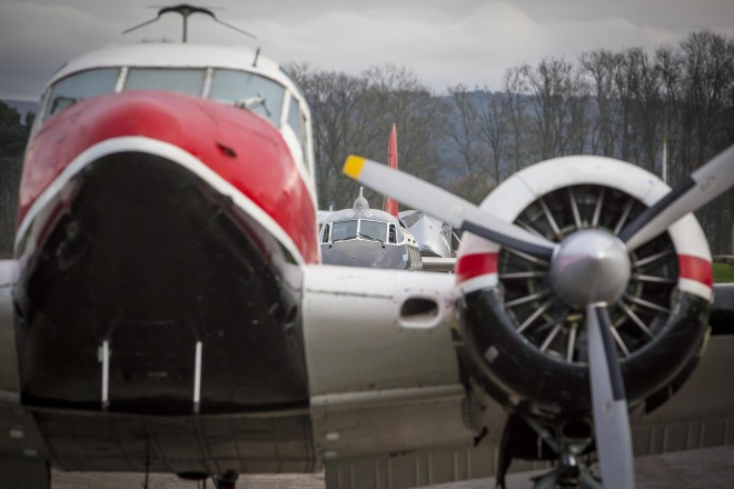 The Beech 18 aircraft outside during hangar movements at East Fortune Airfield in November 2014.