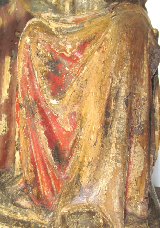Before and After removal of red watercolour overpaint on the Christ Child’s robe