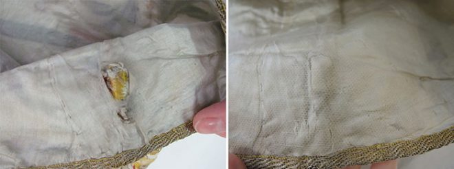 The left image shows a hole in the silk inner lining of petticoat before conservation and the right image shows same hole after conservation treatment.