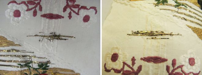 The left image shows the broken and tangled threads before conservation treatment and the right image shows the threads after conservation.