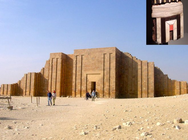 Palace-façade design on enclosure wall of King Djoser’s Step Pyramid complex, Saqqara, Egypt (c.2650 BC). Inset: Palace-façade design on Amenhotep II box fragment.