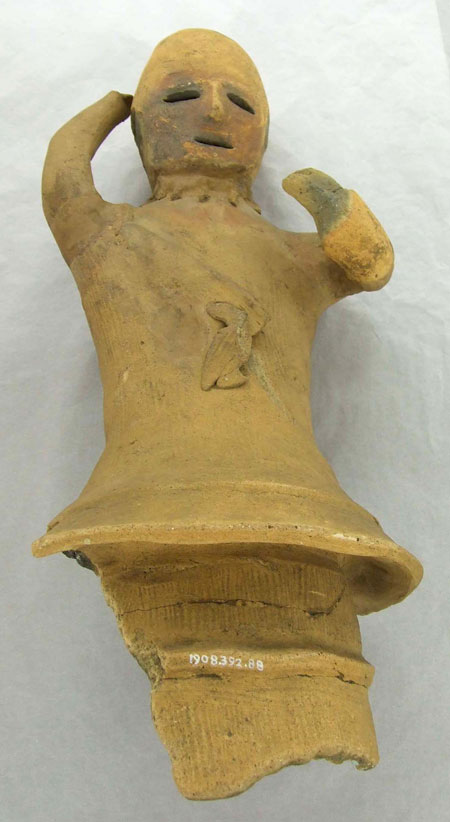 Human-like, posed haniwa; found largely around Nara, Japan, within the large mounded tomb structures