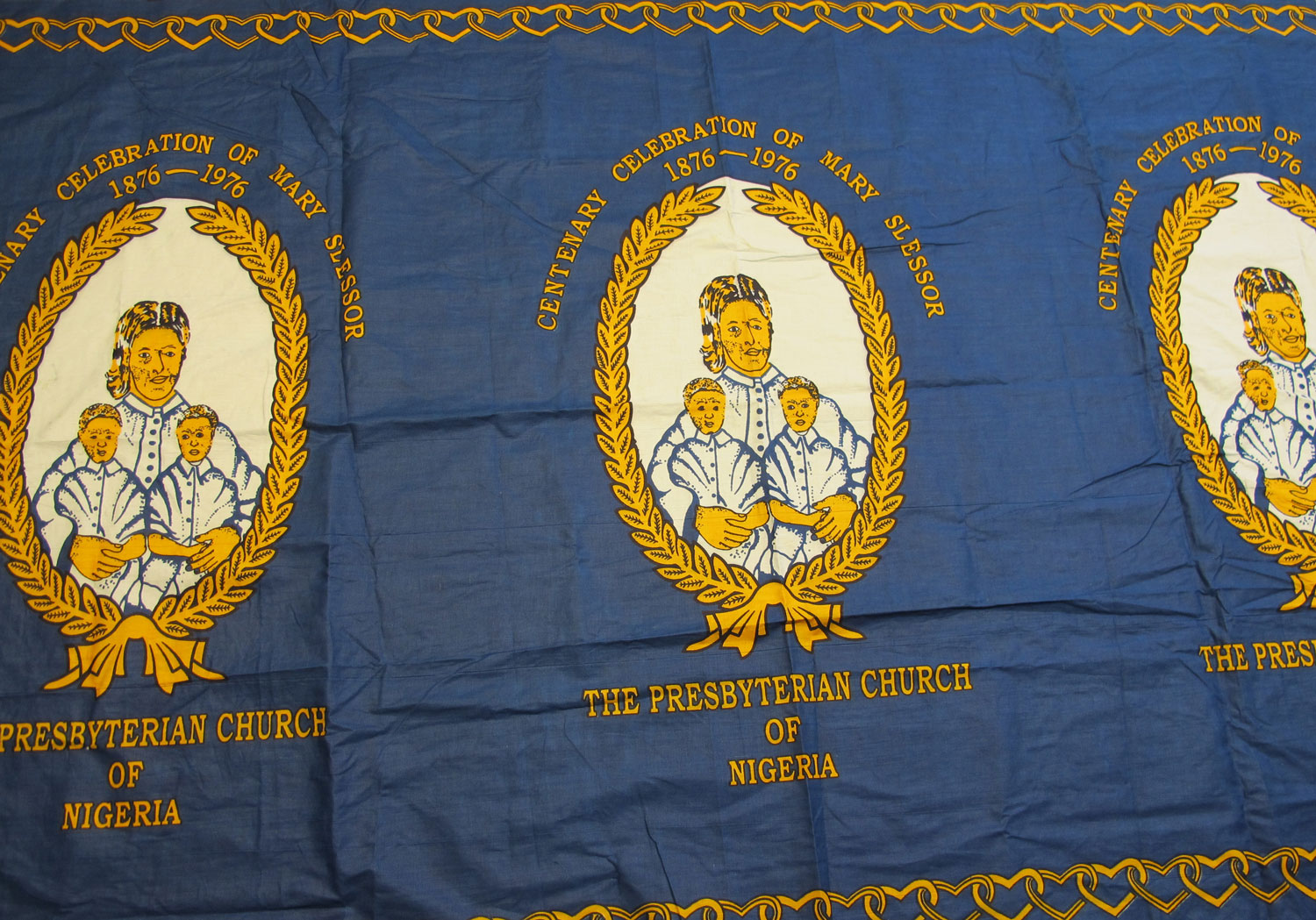 Cotton cloth commissioned by the Presbyterian Church of Nigeria to commemorate the centenary of the arrival of Scottish missionary Mary Slessor in Calabar: Africa, West Africa, Nigeria, 1976.