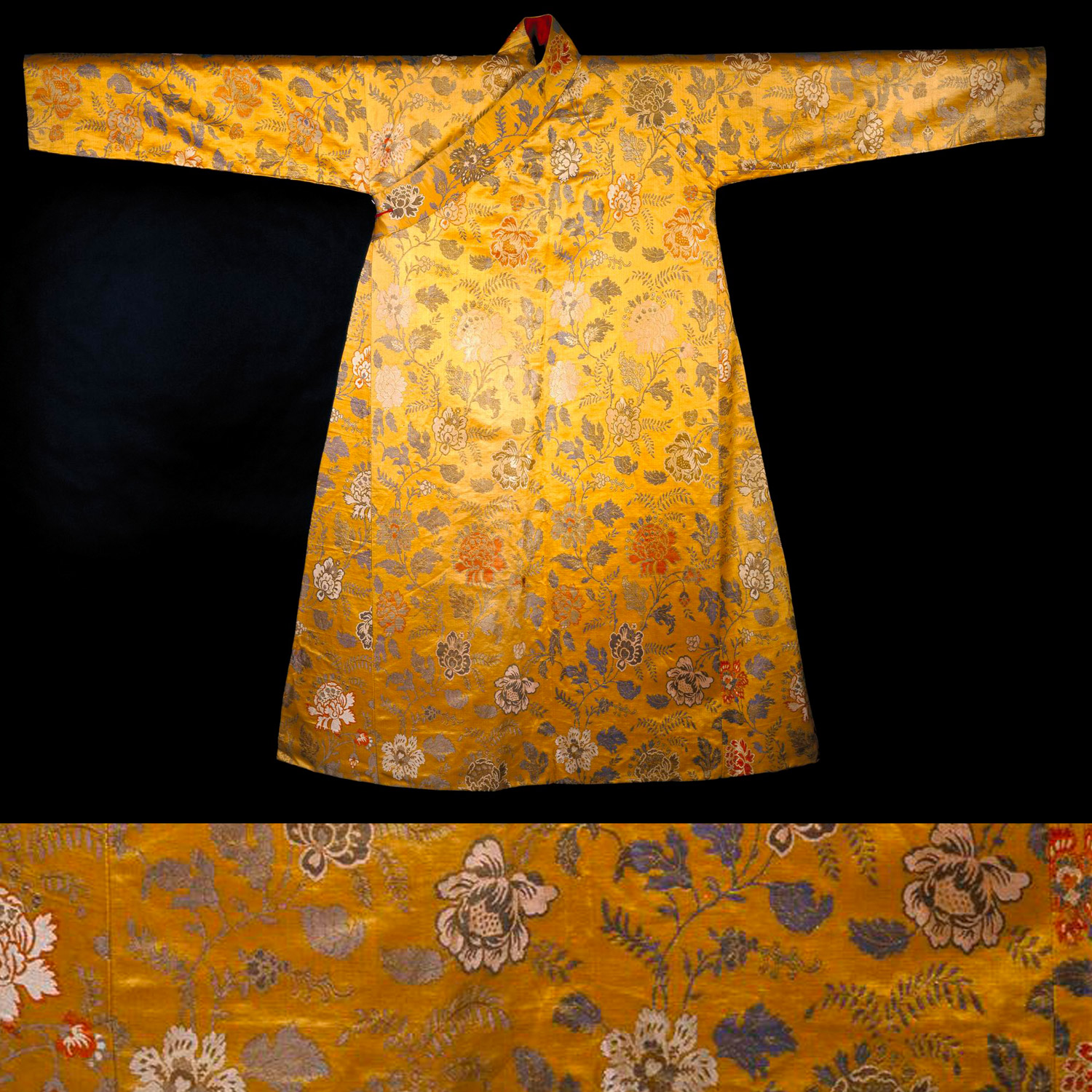 Man's yellow Chinese silk robe woven with a design of peony scroll in coloured silks, and silver metal strip brocading, with glazed cotton lining of English manufacture: Tibetan, 19th century