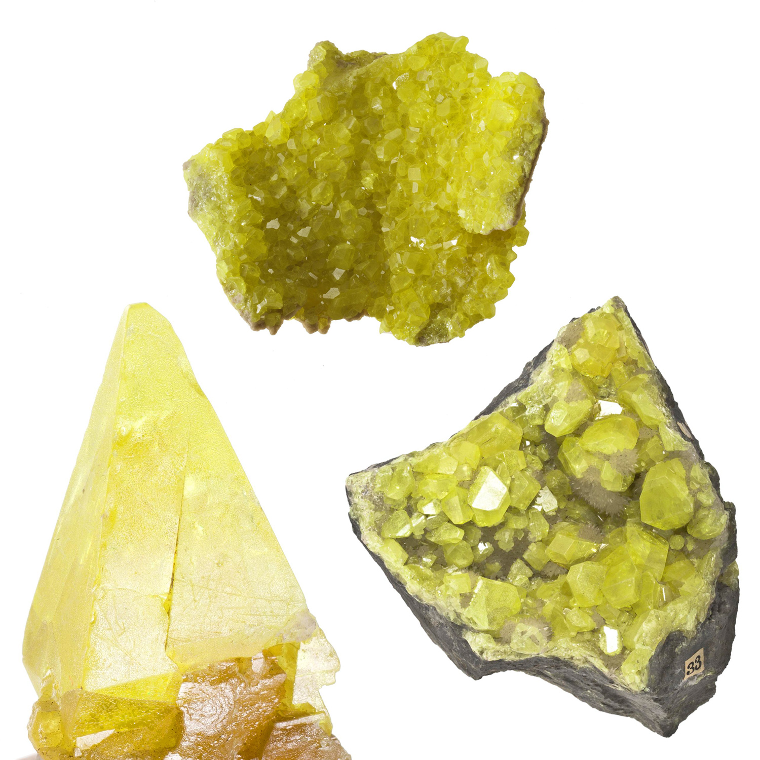Three samples of sulphur in National Museums Scotland collection from Sicily, Italy. G.1893.84.6, G.1880.62.1, G.1893.114.5.1
