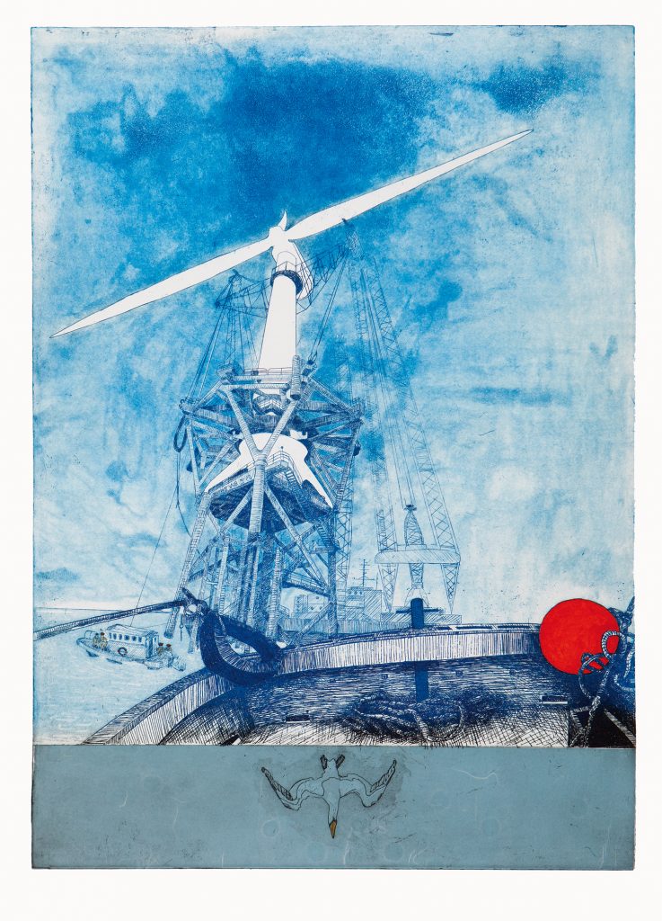 eatrice Works Suite No 7 – Assembly offshore, Moray Firth, 2012, edition 20, colour etching, chine collé and hand watercolour, 420mm x 300mm © Sue Jane Taylor. Photographer: Fin Macrae