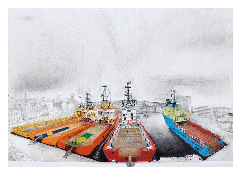 View from Market Street, Aberdeen Harbour, 2015, mixed media on paper, 1000mm x 700mm © Sue Jane Taylor. Photographer: Ewen Weatherspoon