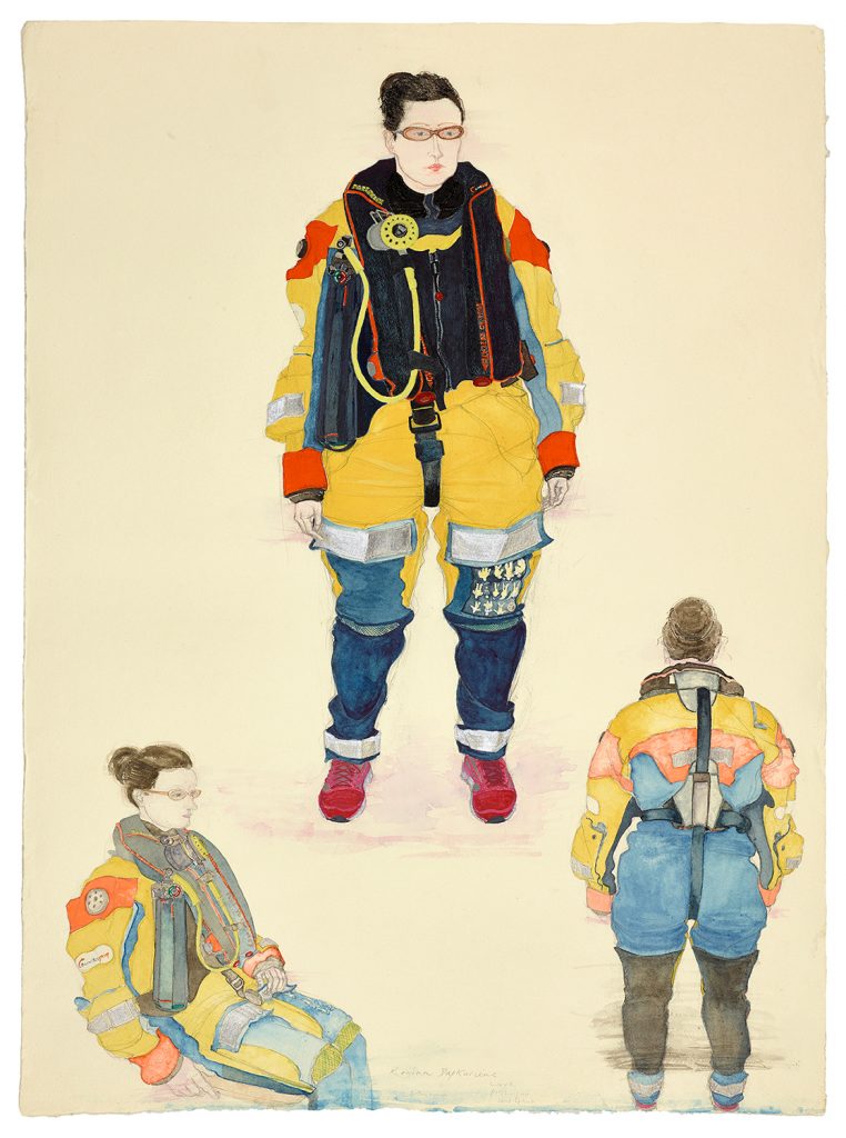 Regina, survival suit design technician, Servitec Aberdeen, 2016, conté and watercolour, 600mm x 815mm © Sue Jane Taylor. Photographer: Ewen Weatherspoon