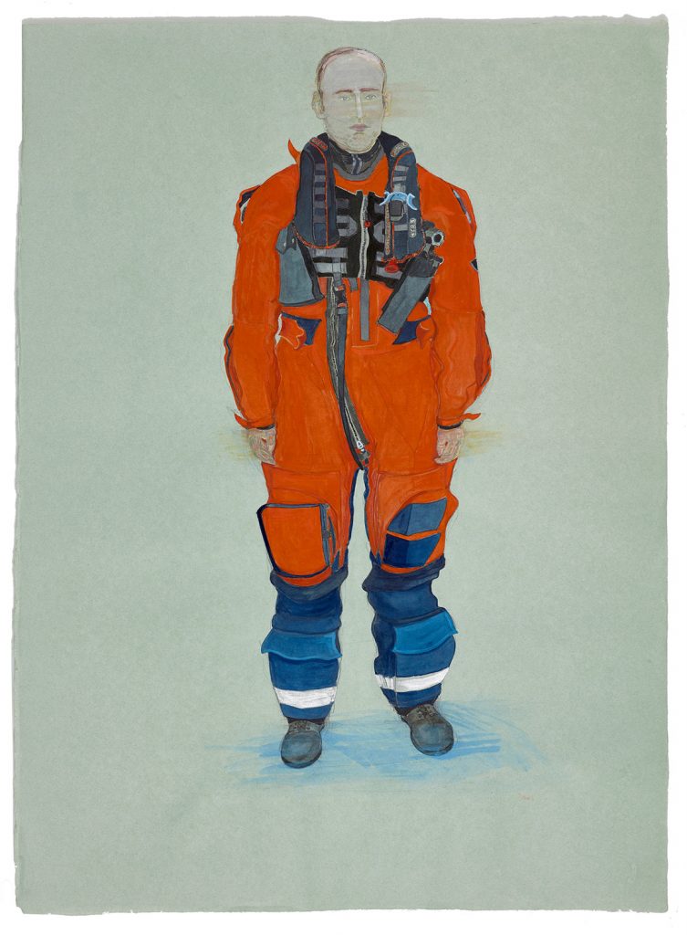 North Sea Pilot, crew survival suit, Servitec Aberdeen, 2016, conte and watercolour, 590mm x 800mm © Sue Jane Taylor. Photographer Ewen Weatherspoon