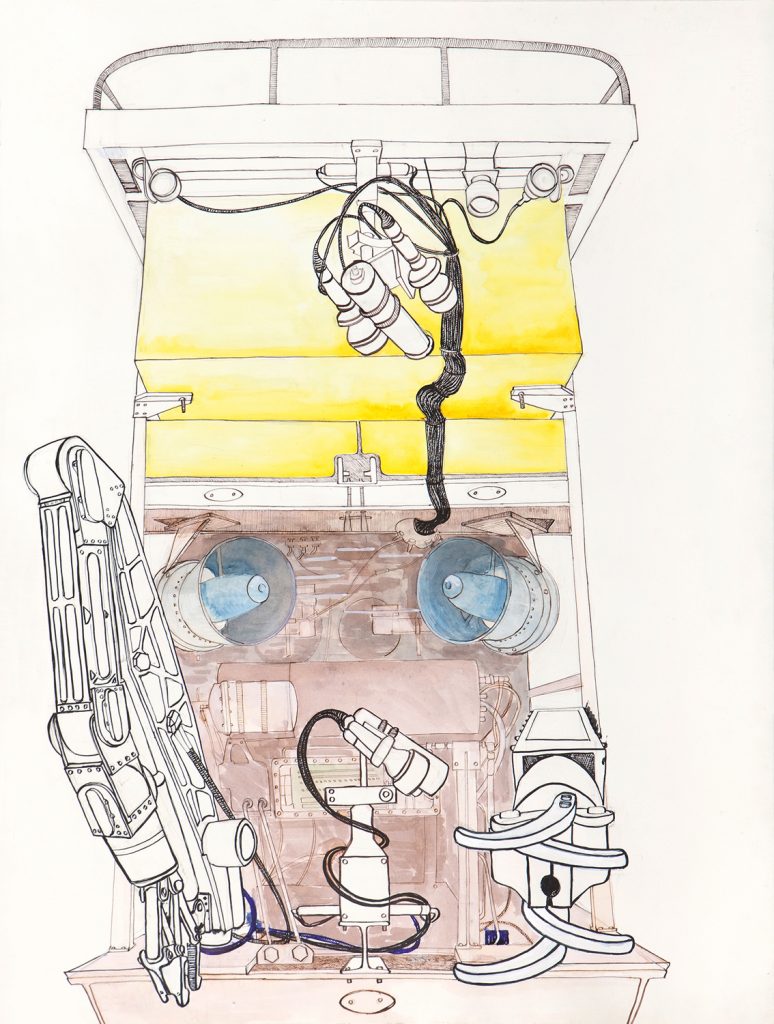 Remote Operation Vehicle (ROV) 11 Technip Workshop, Aberdeen, 2009, watercolour, pen and ink, 760mm x 570mm © Sue Jane Taylor. Photographer: Ewen Weatherspoon