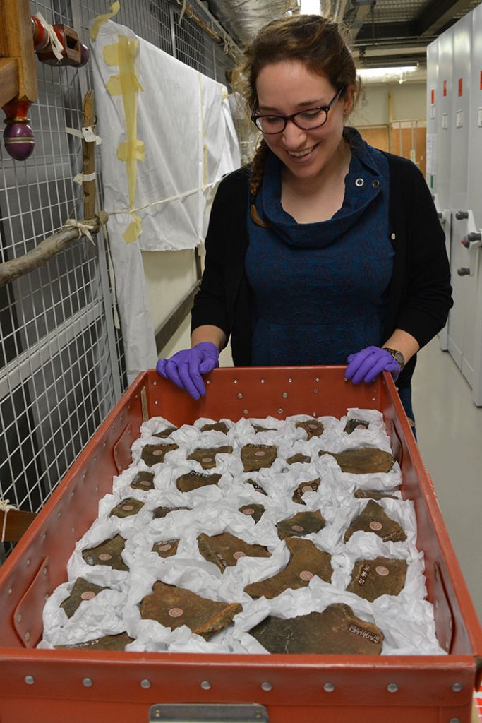 The writer with an immaculately ordered tray of Jōmon pottery fragments. Photo credit: Dr Louise Boyd