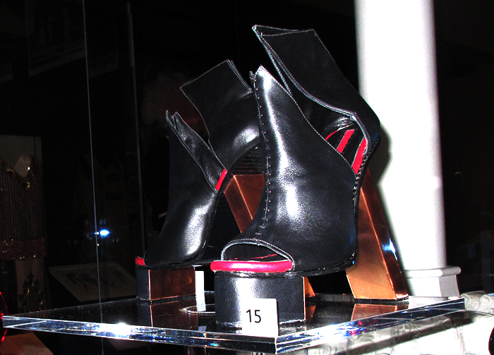 No 5 shoes by Carolin Holzhuber. Holzhubers's sculptural designs seemingly taunt the laws of physics, challenging both the mind and the eye. On display in the Fashion and Style gallery at the National Museum of Scotland.