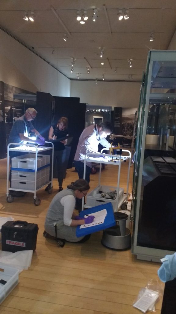The “silver” team! Alice, Hannah, Jim Wilson and Craig Angus working under the light of the gallery projectors.