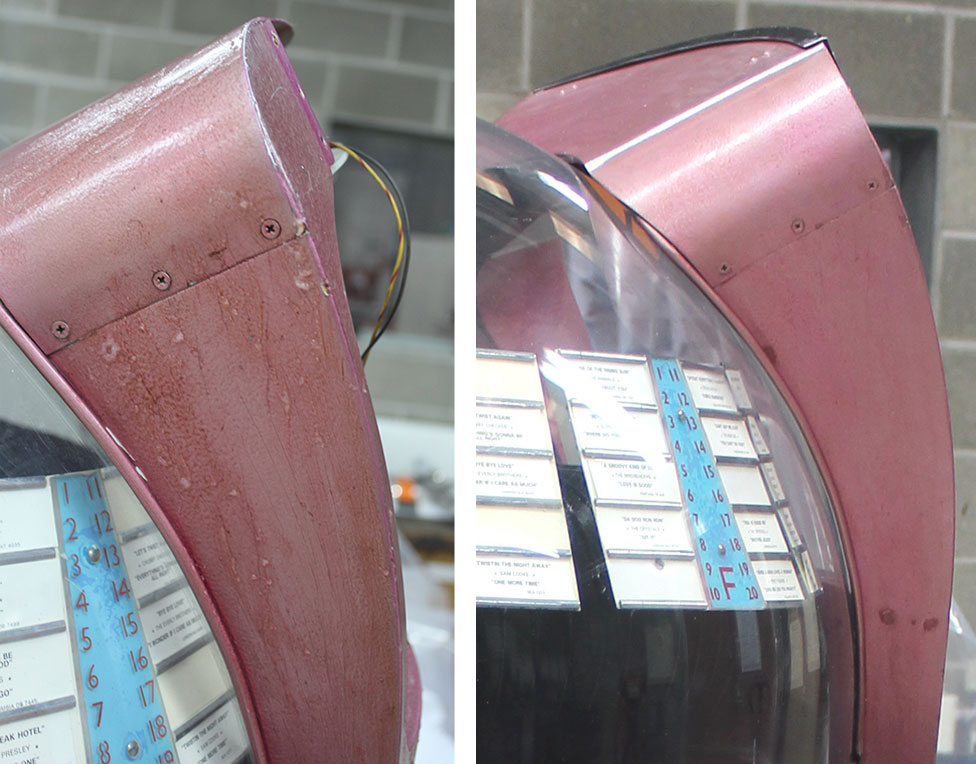 The pink surfaces during and after cleaning process.