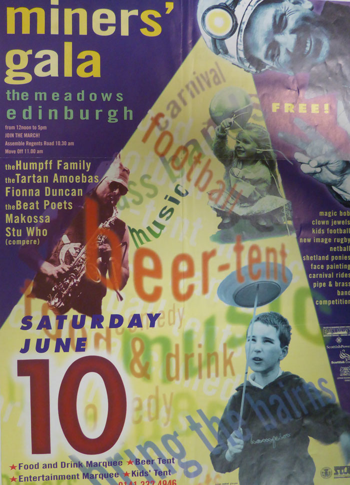 Poster, purple and yellow with text all over, for a MIner's Gala in Edinburgh. A miner's head lamp illuminates the date, June 10.