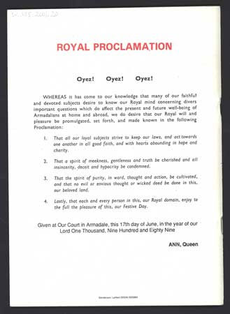 Document titled 'Royal Proclamation' in red with black text laying out expectations for behaviour on a Gala Day.