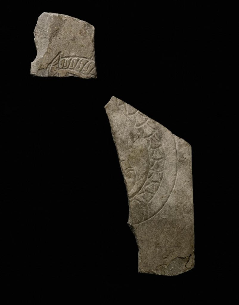 Fragments of a possible grave marker found near the broch at Jarlshof, Shetland. The Scandinavian influenced style means it is likely to date to the 10-11th centuries.