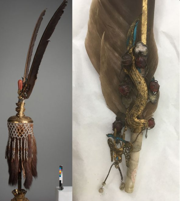 The plume attachment for the helmet with close up of the feather and tian-tsui before conservation.