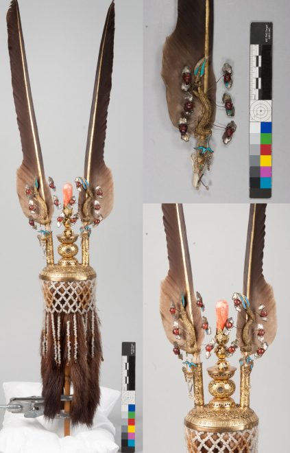 Plume and feather attachments after conservation.