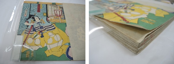 The Albertina Kompress enzyme poisoned along the left edge where the print is adhered in the album (left). After approx. 15 minutes, the print can be carefully separated (right)