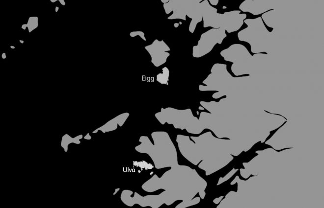 Map showing the location of Ulva and Eigg on the west of Scotland