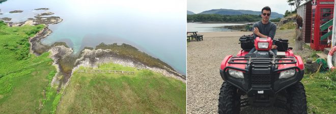 Starvation Point (left). Exploring the island on a quad bike (right).