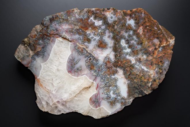 Quartz, variety agate - purple, with reddish-brown and green mossing and a large common quartz infill - polished on one face - from Burn Anne, Ayrshire