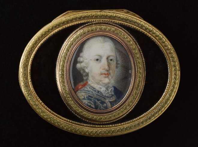Snuffbox of dark tortoise-shell, with a miniature of Prince Charles Edward Stuart on the lid, said to have been painted at Rome in 1776, when the Prince was 56.