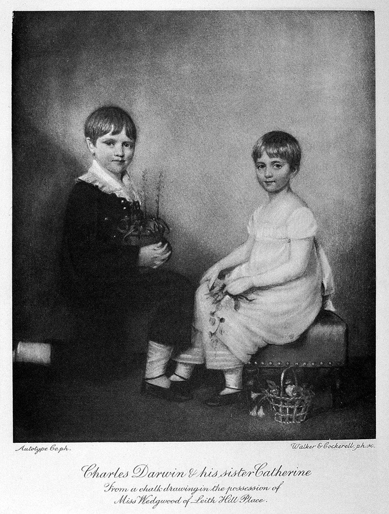 Black and white illustration of two children in a blank room. A young Charles Darwin kneels, and his sister Catherine sits.