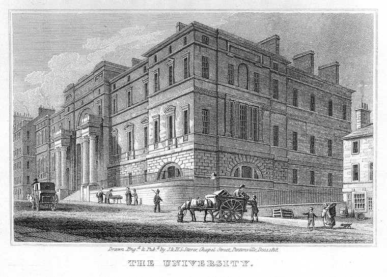 Engraving of a classical building at the University of Edinburgh where Darwin studied, with horse-drawn carriages passing by.