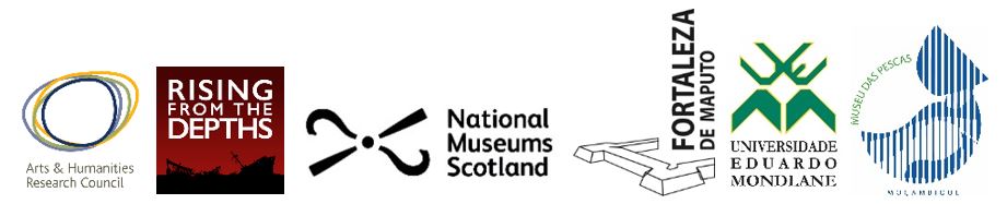 Logos of the Arts & Humanities Research Council, Rising from the Depths, National Museums Scotland, Fortaleza de Maputa, Universidade Eduardo Mondlane and Museu das Pescas