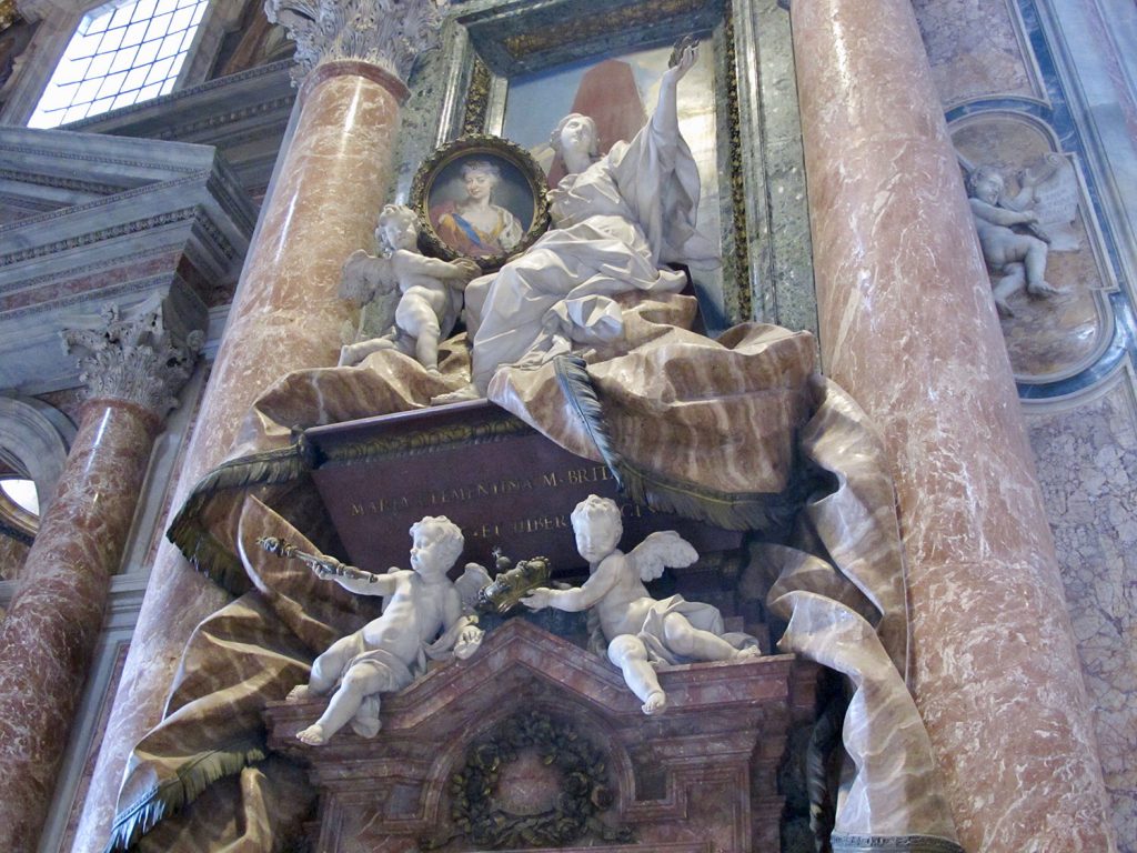Clementina's lavish monument in St Peter's Basilica, Rome: a marble statue holds her portrait, supported on a plinth by marble angels.