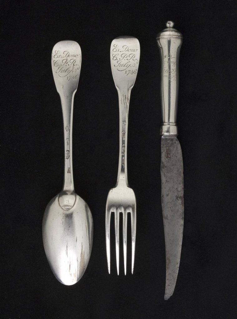 Silver cutlery given by MacDonald of Clanranald to Prince Charles Edward Stuart after the defeat at Culloden when he was hiding on his lands in Benbecula.